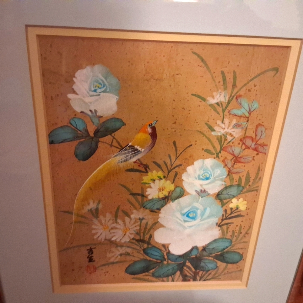 Vintage Floral Bird Art Painting with Blue and Yellow Accents - Picture 1 of 5
